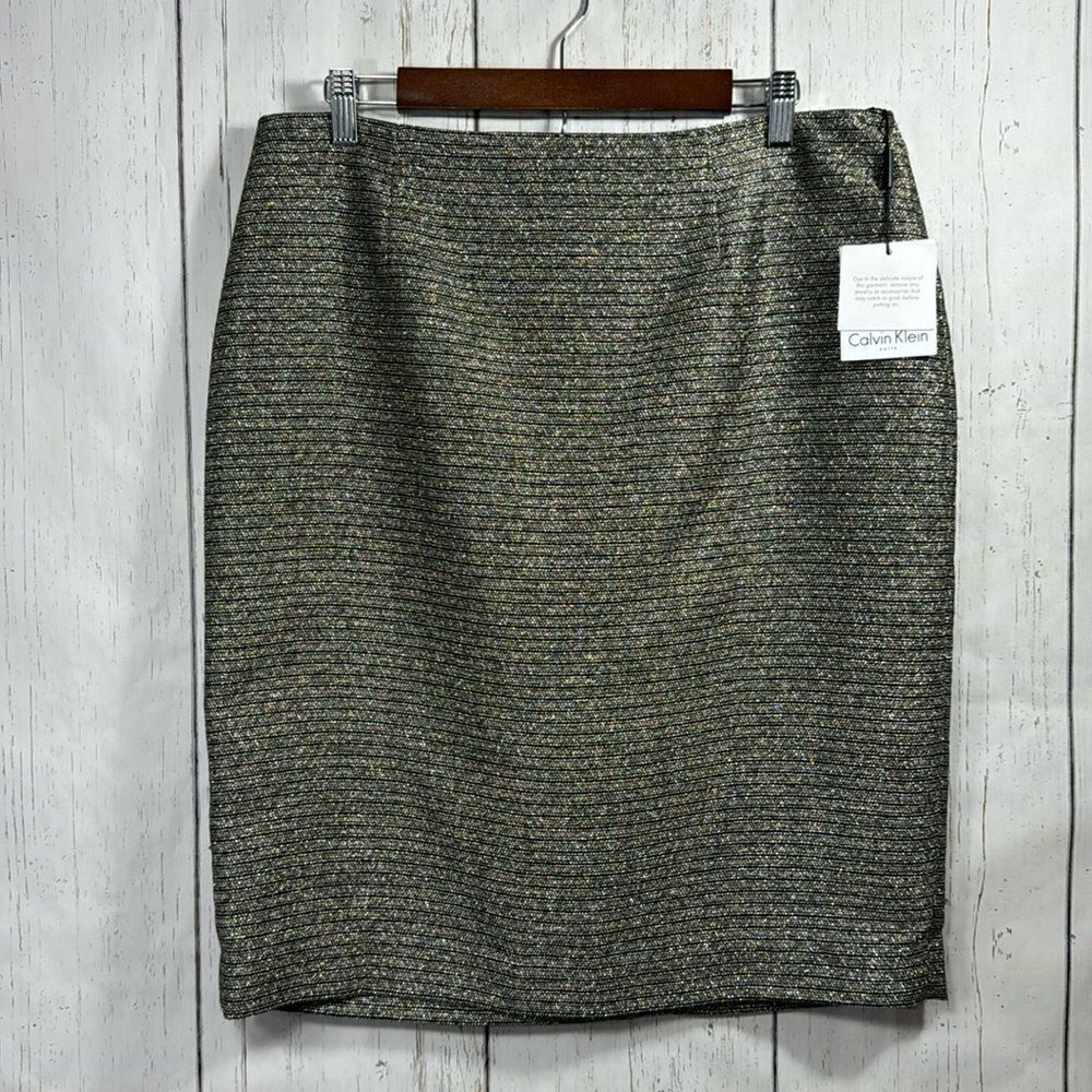 Calvin Klein Metallic Tweed Pencil Skirt Gold Black Suiting Collection Workwear